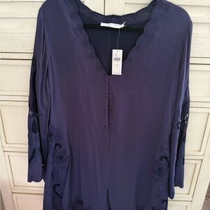 Astr Deep Blue Blouse with Lace Accents
